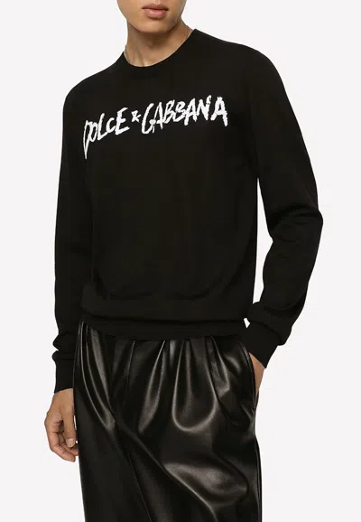 Dolce & Gabbana Logo Print Wool Sweater In Black