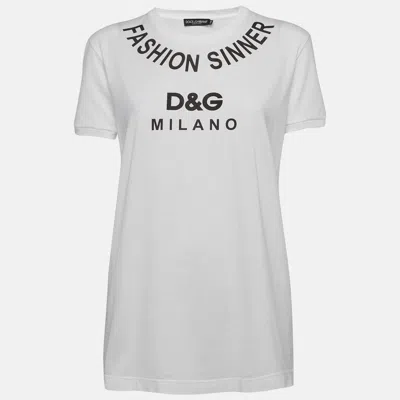 Pre-owned Dolce & Gabbana Logo Printed Cotton T-shirt S In White