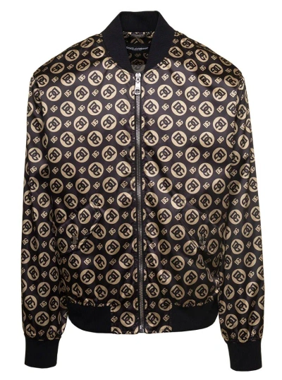 Dolce & Gabbana Logo Printed Zipped Bomber Jacket In Brown