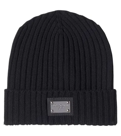 Dolce & Gabbana Kids' Logo Ribbed-knit Wool Beanie In Black