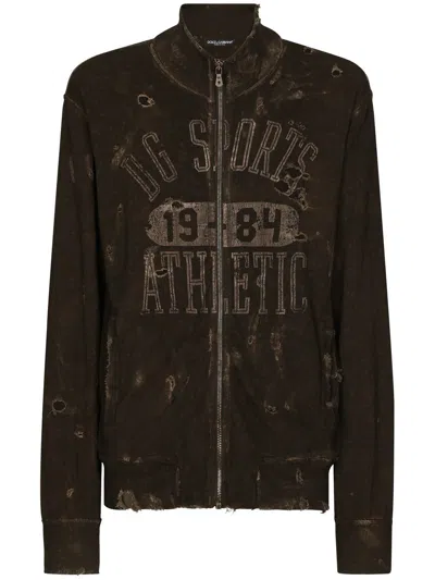 Dolce & Gabbana Logo Ripped Zip-up Sweatshirt In Green