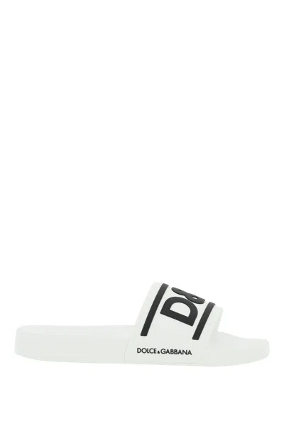 Dolce & Gabbana Logo Rubber Slides In Bianco Nero (white)