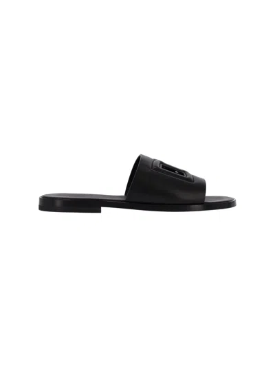 Dolce & Gabbana Logo Embellished Leather Sandals For Men In Black