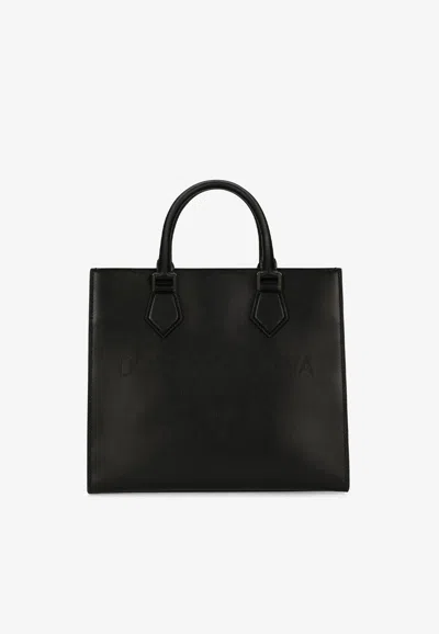 Dolce & Gabbana Logo Shopper Bag In Calf Leather In Black