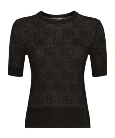 Dolce & Gabbana Monogram-jacquard Round-neck Top In Black
