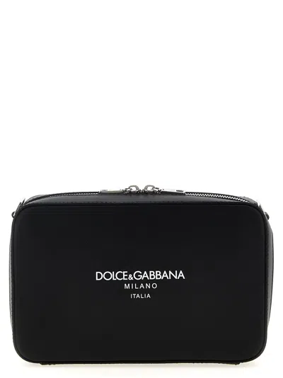 Dolce & Gabbana Brand Logo Adjustable Rectangular Messenger Bag Strap In Black