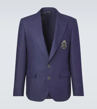 Dolce & Gabbana Logo Single-breasted Linen Blazer In Blue