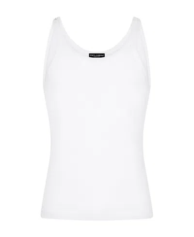 Dolce & Gabbana White Ribbed Tank Top With Logo Label In Cotton