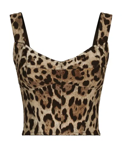 Dolce & Gabbana Printed Stretch Silk Blend Bodice In Brown