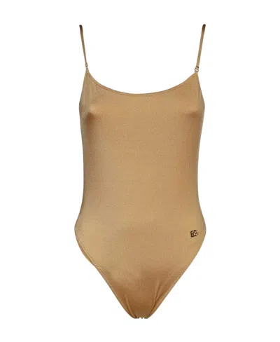 Dolce & Gabbana Logo Sling One-piece Swimsuit In Nude