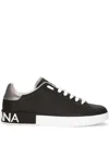 Dolce & Gabbana Portofino Sneakers In Black Leather With Silver Inserts In Black