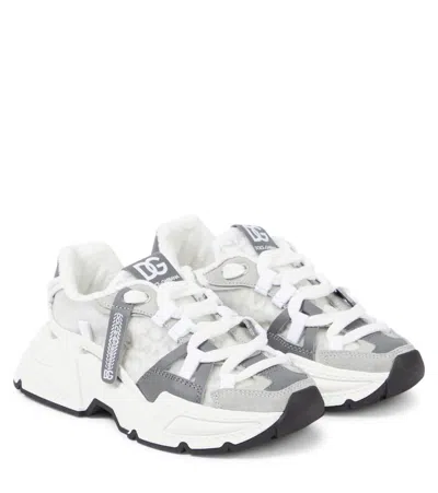Dolce & Gabbana Kids' Airmaster Dg Leather-trimmed Sneakers In Silver