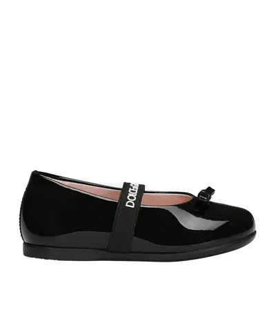 Dolce & Gabbana Logo-strap Bow Ballerina Shoes In Black