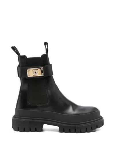 Pre-owned Dolce & Gabbana Logo-strap Chelsea Boots In Black