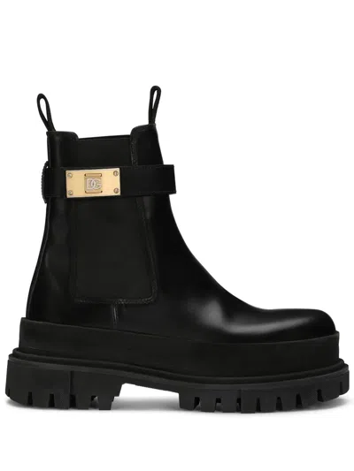 Dolce & Gabbana Calf Leather Ankle Boots With Logo Buckle In Black