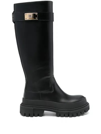 Pre-owned Dolce & Gabbana Logo-strap Leather Boots In Black