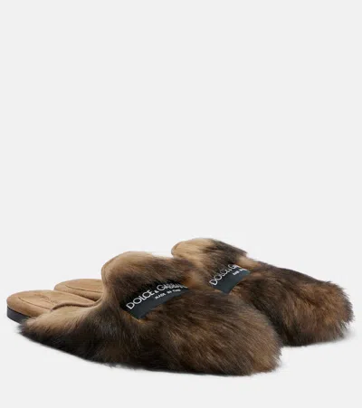 Dolce & Gabbana Logo Suede-trimmed Shearling Mules In Brown