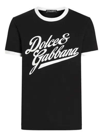 Dolce & Gabbana Men Cotton T-shirt With Flocked Logo Print In Black