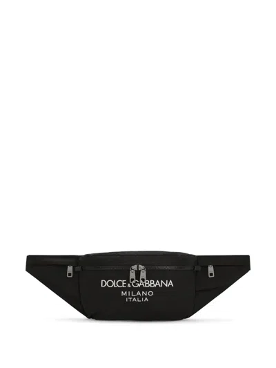 Dolce & Gabbana Nylon Belt Bag With Rubberized Logo In Black