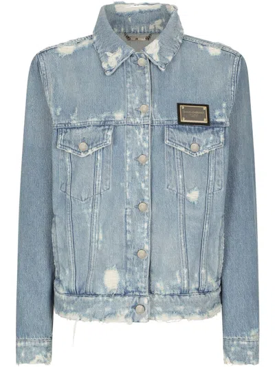 Dolce & Gabbana Logo Plaque Ripped Denim Jacket In Multicolor