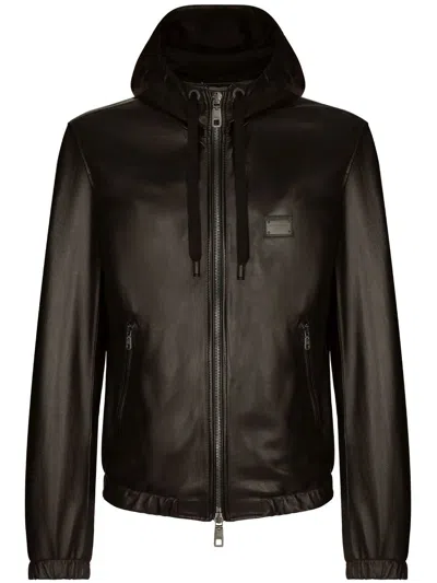 Dolce & Gabbana Hooded Leather Jacket In Black