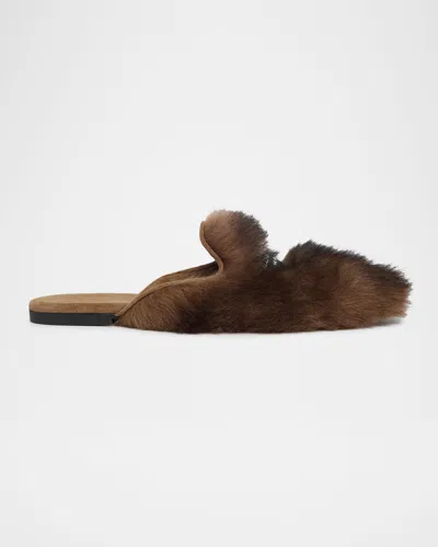 Dolce & Gabbana Logo Tag Shearling Mules In Brown