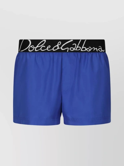 Dolce & Gabbana Logo Waistband Knee-length Swim Trunks In Blue
