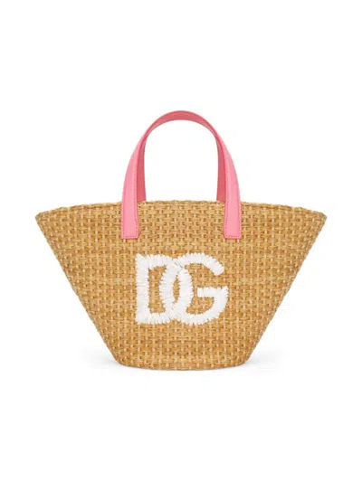 Dolce & Gabbana Logo Woven Floral-lined Tote Bag In Natural Rose