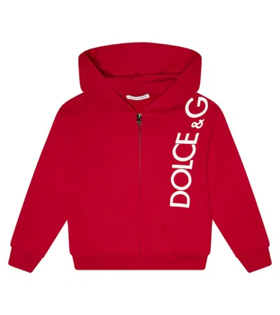 Dolce & Gabbana Kids' Logo Zip-up Cotton Hoodie In Rosso Lacca