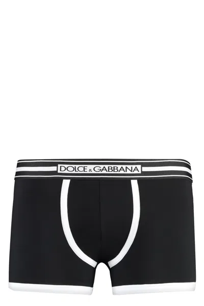 Dolce & Gabbana Logoed Elastic Band Cotton Trunks In Black/white