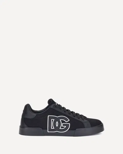 Dolce & Gabbana Portofino Light Strobel Sneakers In Canvas And Calfskin In Black