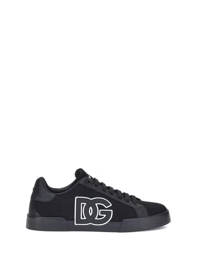 Dolce & Gabbana Portofino Light Strobel Sneakers In Canvas And Calfskin In Black