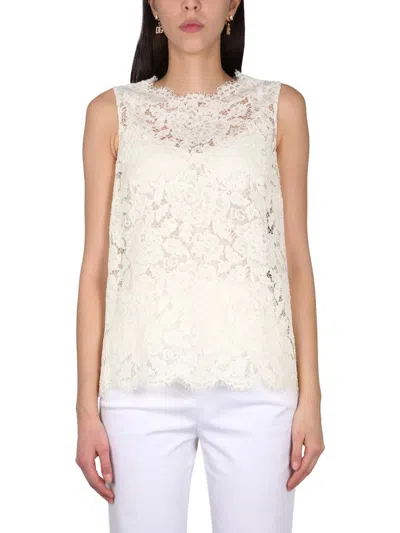 Dolce & Gabbana Logoed Stretch Lace Top In White