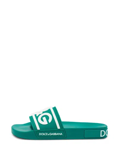 Pre-owned Dolce & Gabbana Logo-embossed Slides In Green