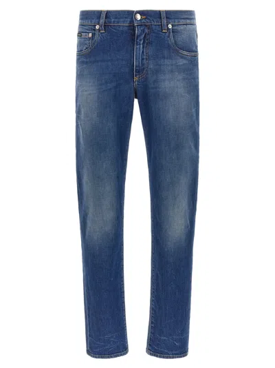 Dolce & Gabbana Logo-embroidered Cotton Denim Jeans In Blue