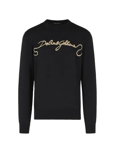 Dolce & Gabbana Virgin Wool Sweater Embroidered Logo Detail In Black