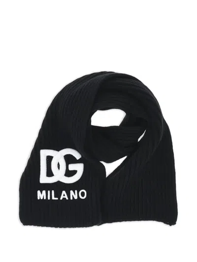 Dolce & Gabbana Logo-embroidered Ribbed-knit Scarf In Black
