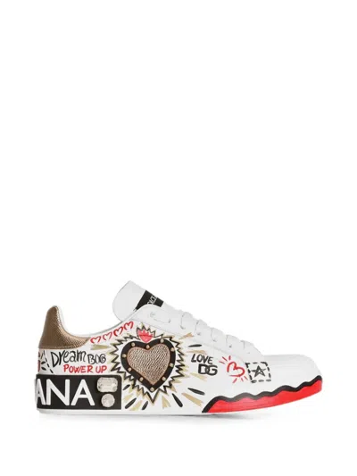 Dolce & Gabbana White Hand-painted Leather Portofino Low-top Sneakers In Multi