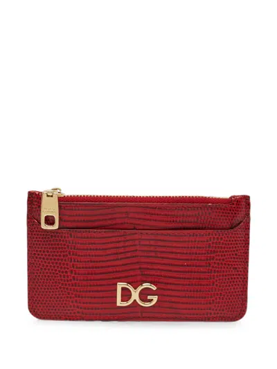 Pre-owned Dolce & Gabbana Logo-plaque Lizard-embossed Card Case In Red