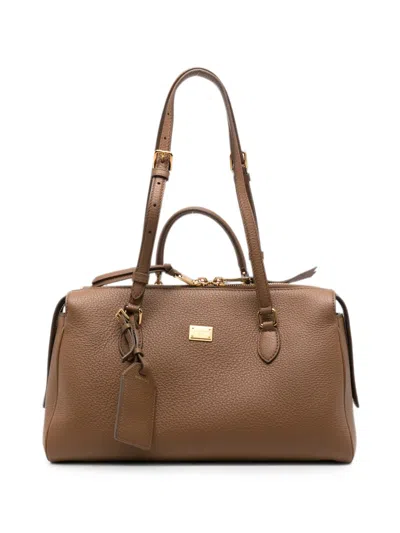Dolce & Gabbana Logo-plaque Pebbled-leather Tote Bag In Brown