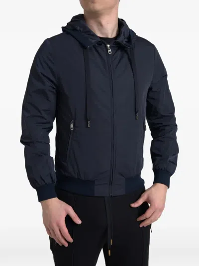Dolce & Gabbana Hooded Logo Bomber Zip Polyester Sweater In Blue