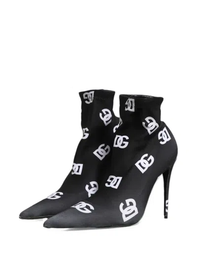 Dolce & Gabbana Logo-print Pointed-toe Ankle Boots In Black