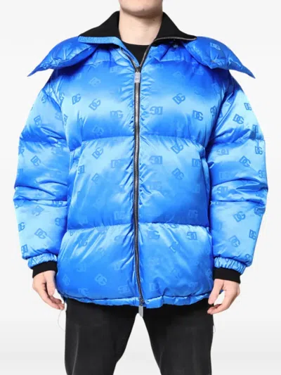 Dolce & Gabbana Logo-monogram Quilted Nylon Down Jacket In Blue