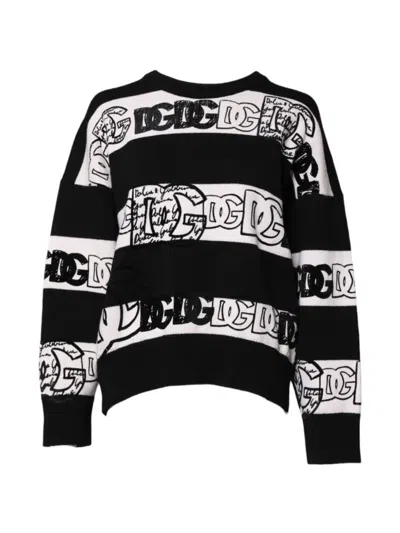 Dolce & Gabbana Logo Wool Pullover Sweater Striped Design In Black