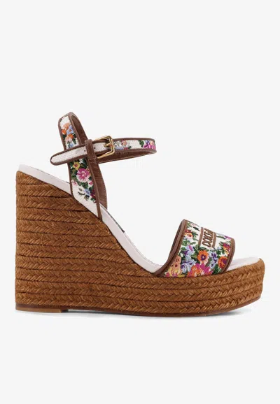 Dolce & Gabbana Leather-trimmed Embroidered Canvas Platform Wedge Sandals In Brown