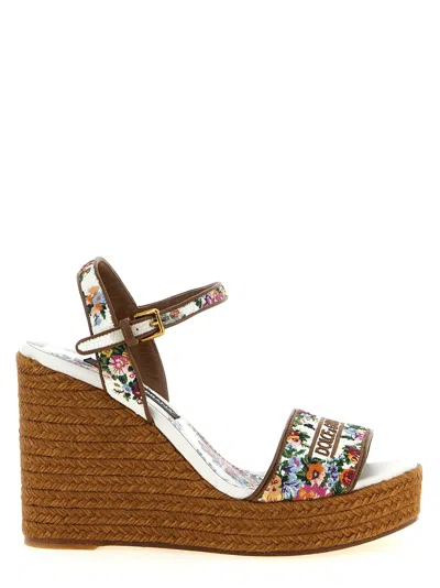Dolce & Gabbana Leather-trimmed Embroidered Canvas Platform Wedge Sandals In Brown