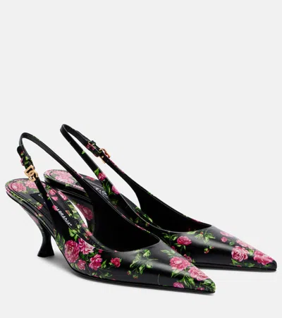 Dolce & Gabbana Lollo 60 Floral Leather Slingback Pumps In Black