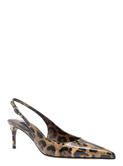 Dolce & Gabbana 'lollo' Brown Slingback Pumps With All-over Leo Print And Dg Patch In Shiny Leather Woman