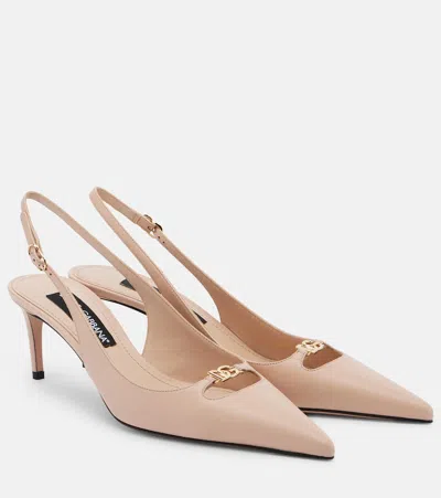 Dolce & Gabbana Pink Slingback Pumps With Logo Plaque On The Front And Medium Heel In Leather Woman In Gold
