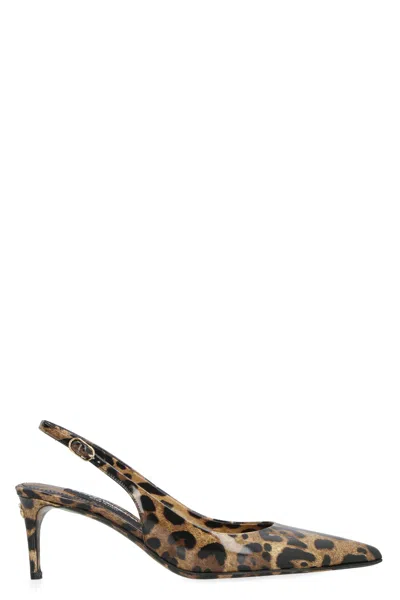 Dolce & Gabbana Lollo' Brown Slingback Pumps With All-over Leo Print And Dg Patch In Shiny Leather